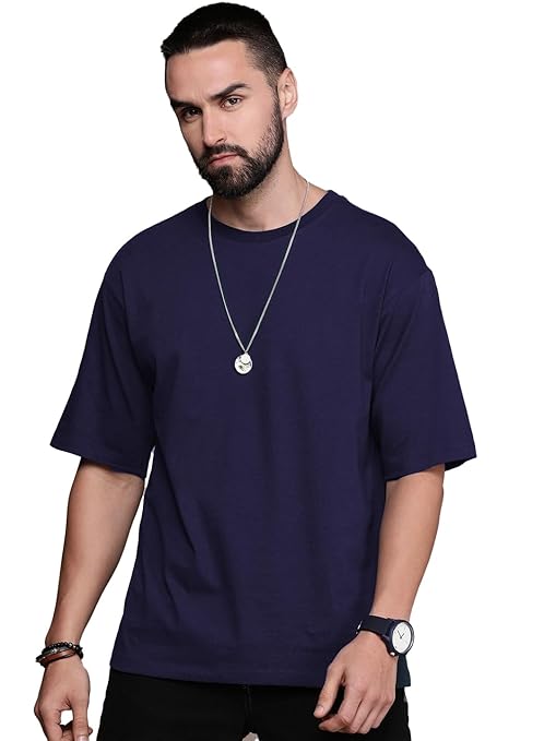 Men's oversized navy blue T-shirt by Seasons, casual fit with short sleeves and crew neck, displayed on a hanger.