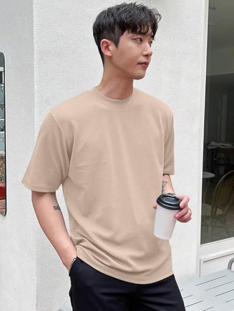 Men's beige round neck T-shirt by Seasons, casual fit with soft fabric, displayed on a plain background.