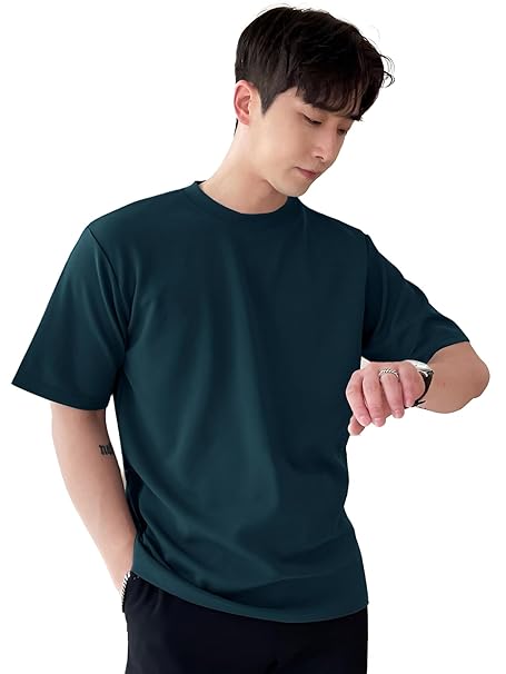 Men's round neck olive green T-shirt from Seasons, made of soft fabric, shown laid flat with sleeves spread.