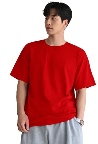 Red men's round neck T-shirt by Seasons, close-up view showing soft fabric and classic fit.