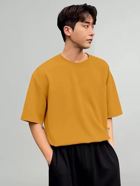 Men's mustard round neck T-shirt by Seasons, plain cotton T-shirt with short sleeves and comfortable fit.