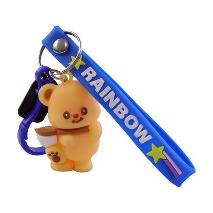 Cute Wukusy Bear cartoon keychain with rainbow strap, featuring a adorable bear face and colorful strap, 1 piece.