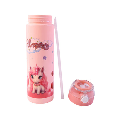 Wukusy cute cartoon printed kids water bottle with flip top lid and straw, 500ml capacity, featuring colorful character design.