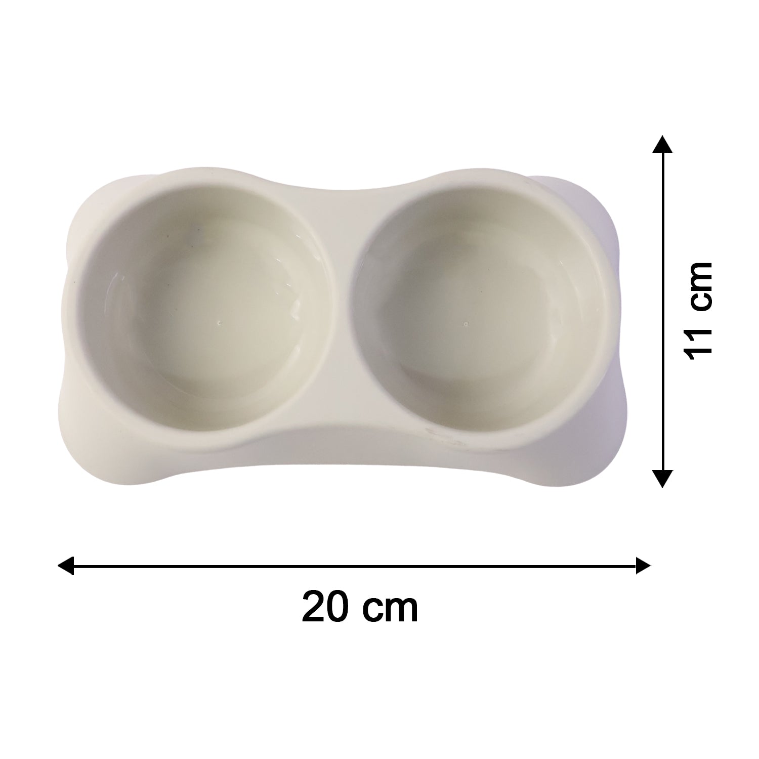 Wukusy dual pet food and water feeding tray with two bowls for dogs and cats, made of durable plastic.