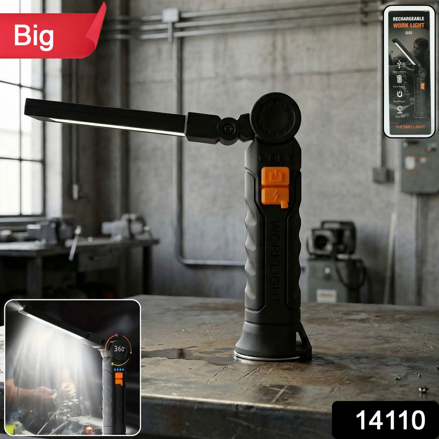 Rechargeable Wukusy adjustable LED work light with large bright panel and handle, ideal for work sites and outdoor projects.