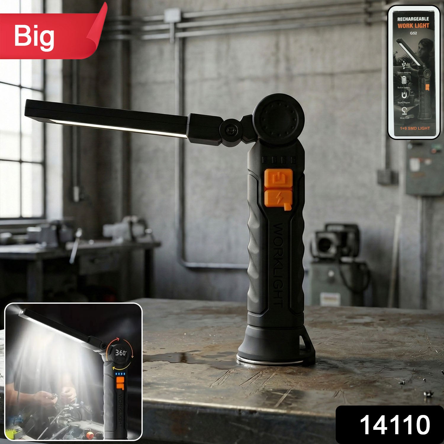 Rechargeable Wukusy adjustable LED work light with large bright panel and handle, ideal for work sites and outdoor projects.