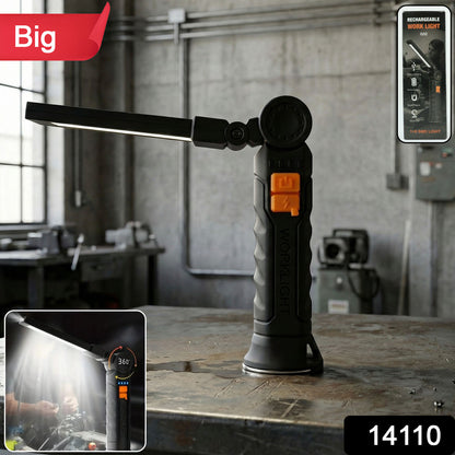 Rechargeable Wukusy adjustable LED work light with large bright panel and handle, ideal for work sites and outdoor projects.