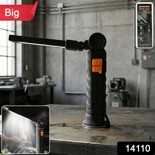 Rechargeable Wukusy adjustable LED work light with large bright panel and handle, ideal for work sites and outdoor projects.