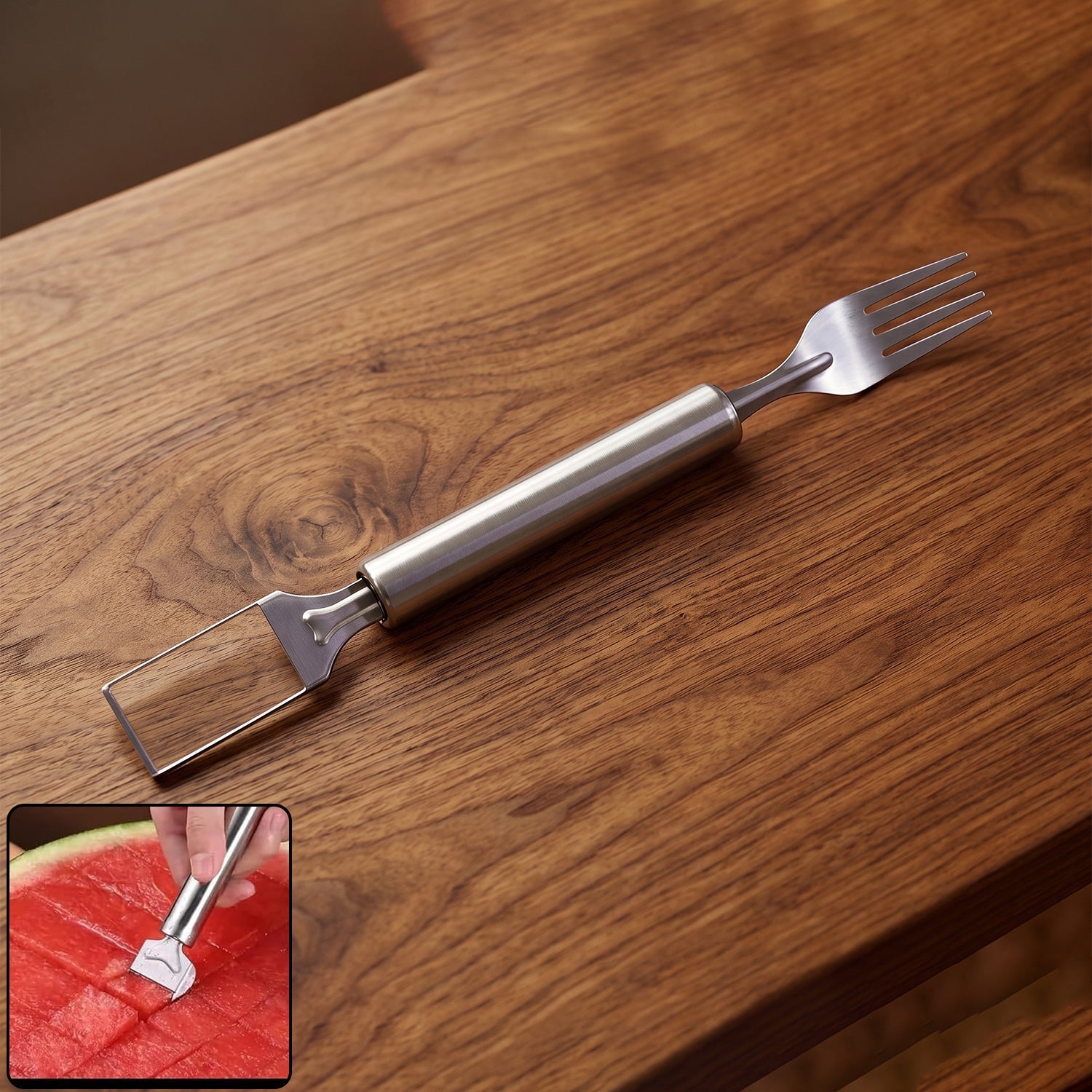 Wukusy stainless steel 2-in-1 watermelon slicer and cutter with fork, showing the fruit tool and sliced watermelon pieces.