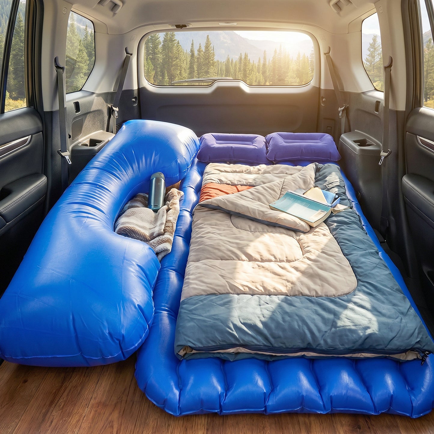 Wukusy car air mattress bed set with inflatable headrest, designed for travel comfort and relaxation inside a vehicle.