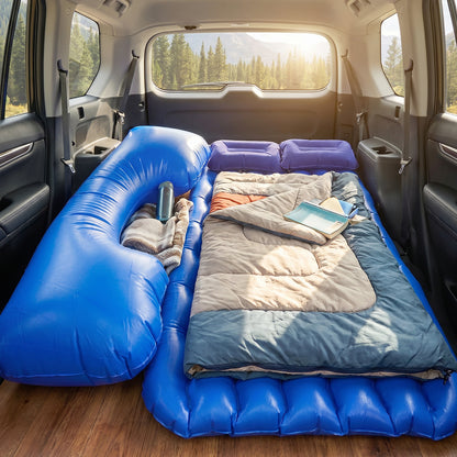 Wukusy car air mattress bed set with inflatable headrest, designed for travel comfort and relaxation inside a vehicle.
