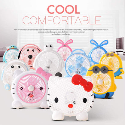 Wukusy 6464 plastic mini cartoon USB desk fan for children, featuring colorful cute character design, battery not included.