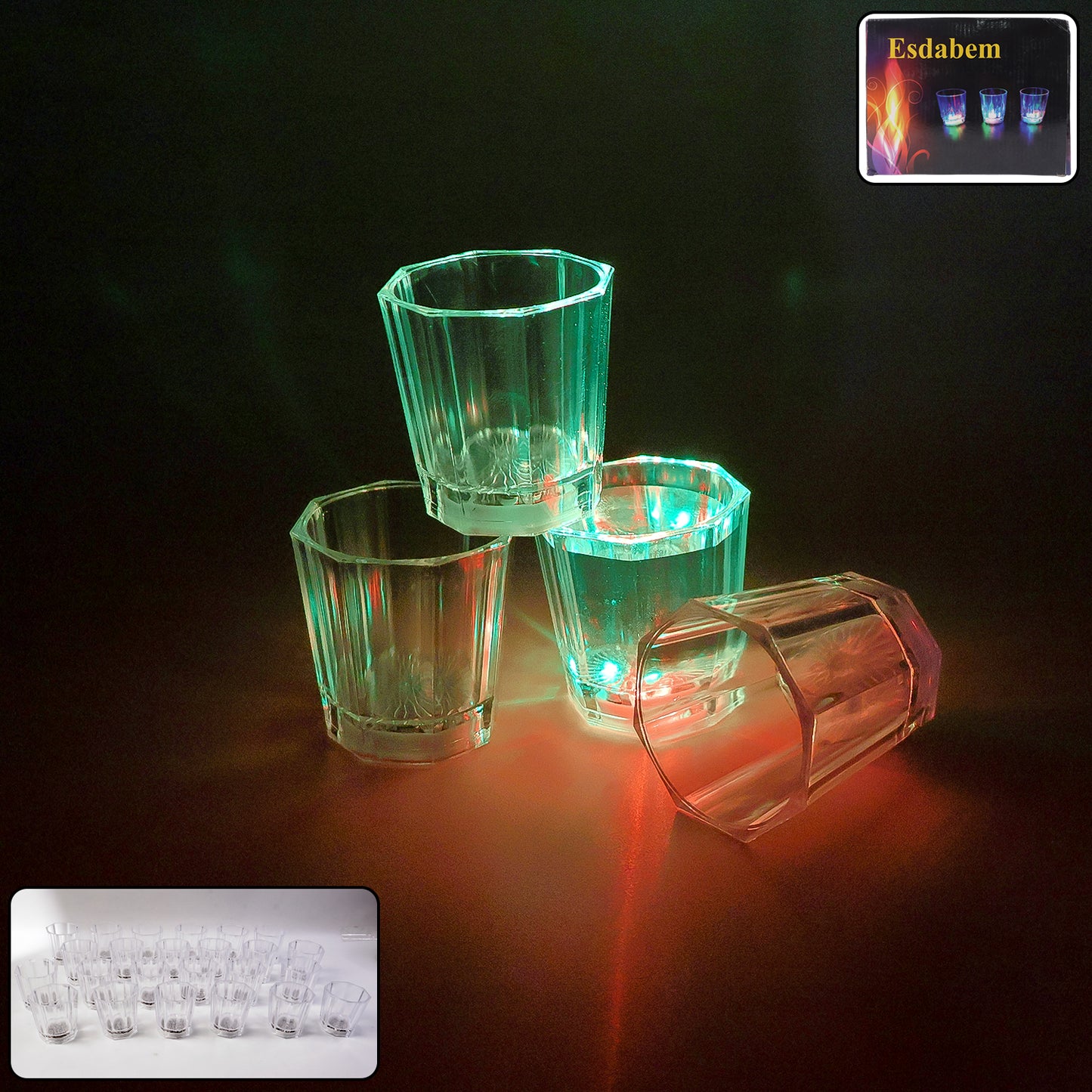 Set of 24 premium Wukusy LED light-up shot glasses with illuminated bases, perfect for parties and celebrations.