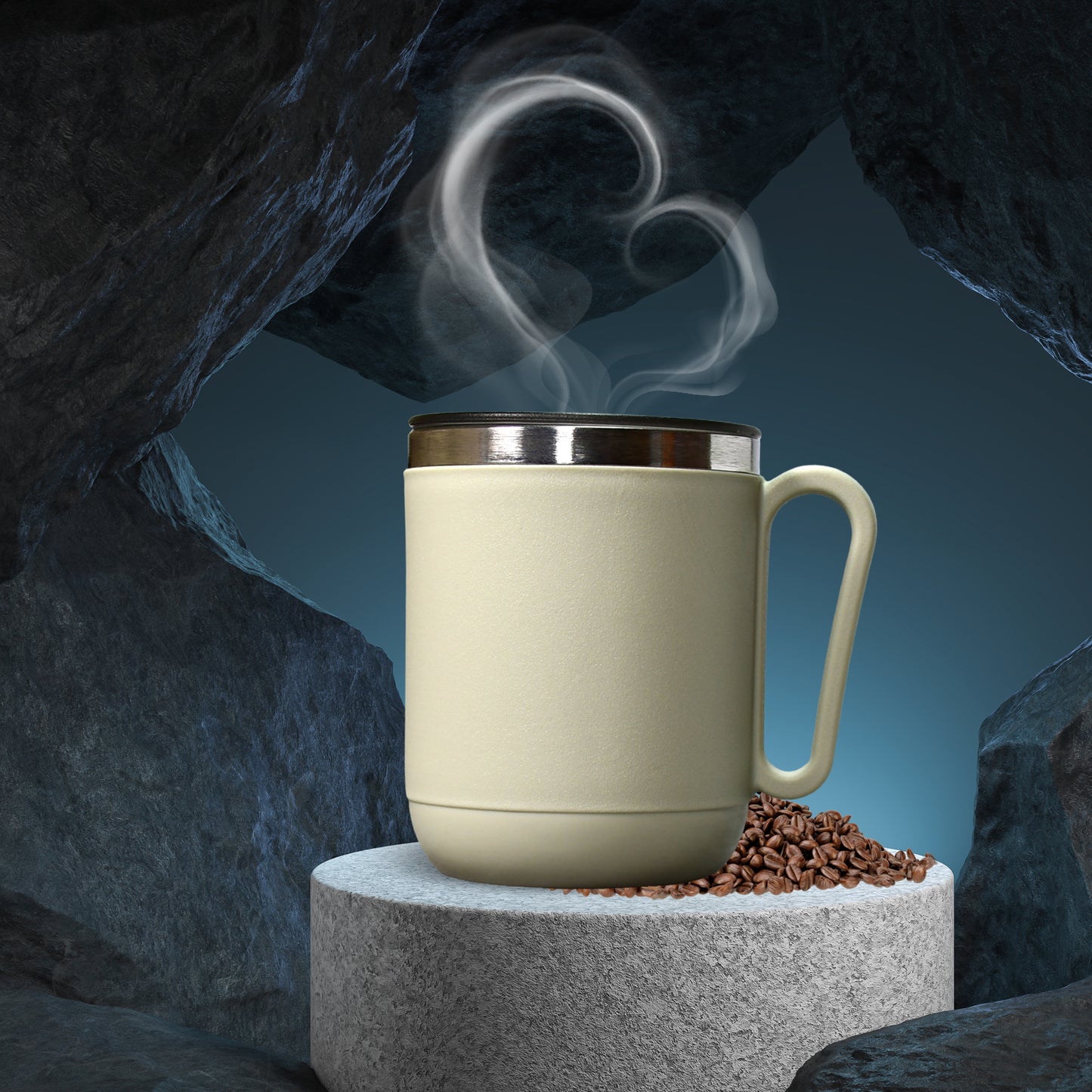 Wukusy Ganesh stainless steel coffee mug with heat-resistant lid, 400ml capacity, featuring intricate Ganesh design for home or kitchen use.