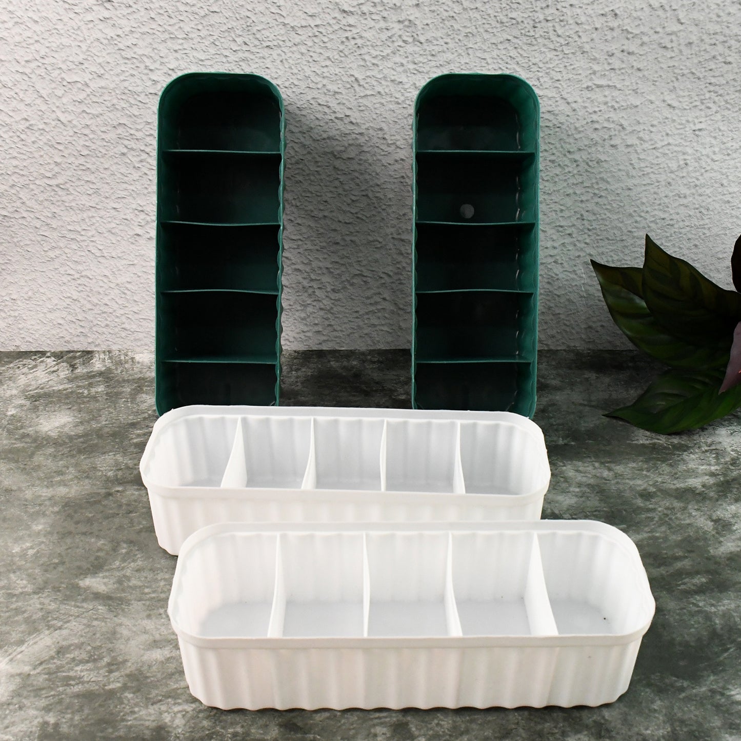 Wukusy 4-pack sock and underwear storage boxes with 5 compartments each, ideal for organizing socks, handkerchiefs, and underwear in drawers.