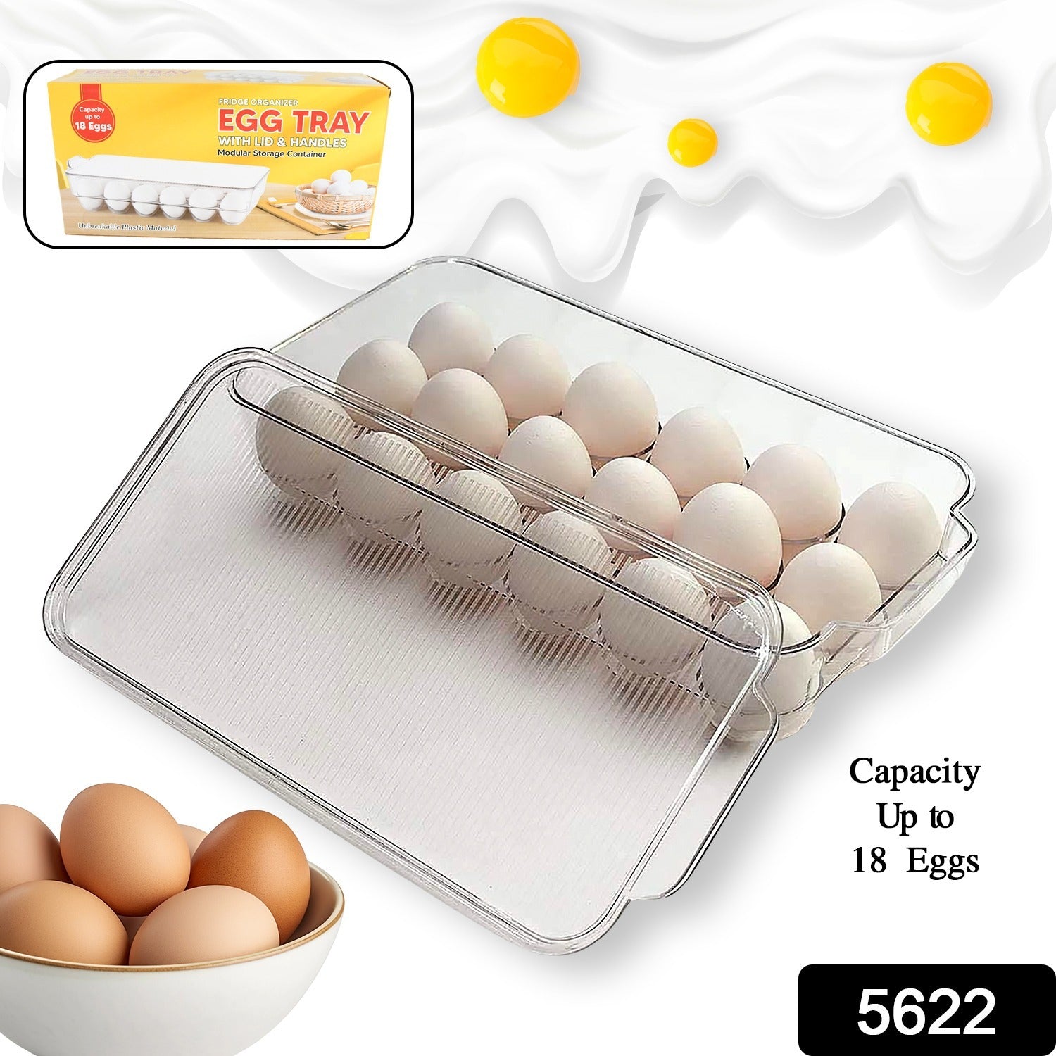 Wukusy plastic 18-cavity egg storage box with lid and handles, rectangular refrigerator egg tray for 18 eggs, high quality kitchen storage