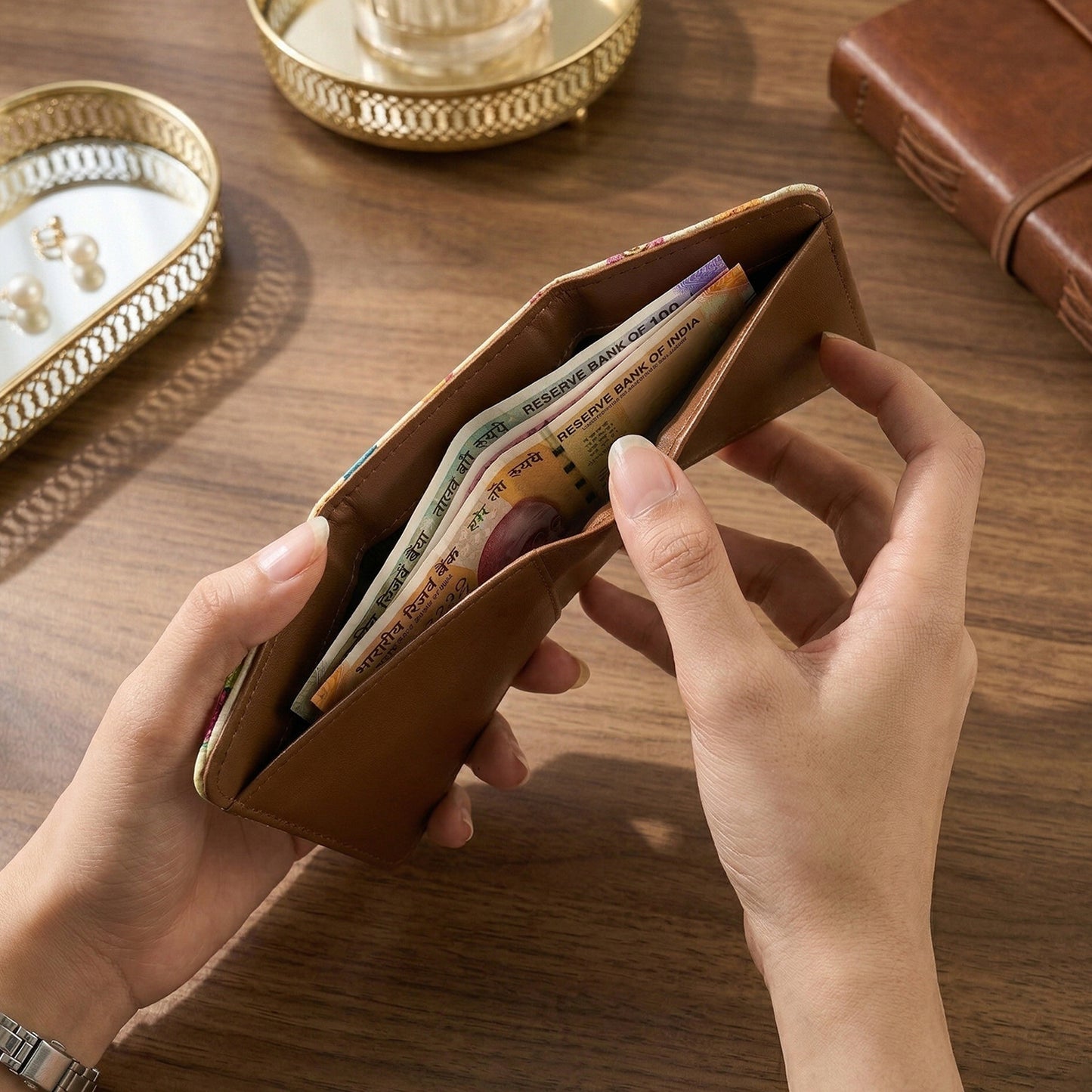 Wukusy premium stylish compact foldable wallet open showing card slots and cash compartment. Black leather design.