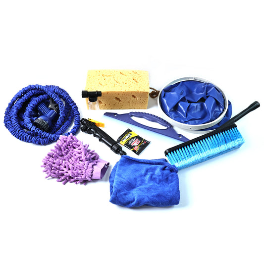 Wukusy 9-in-1 car washing and cleaning kit accessories set with brushes, sponges, and cleaning tools for vehicle detailing.