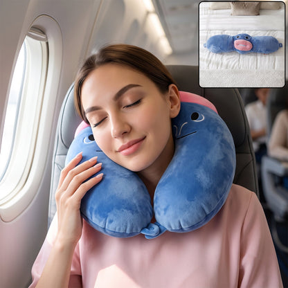 Blue U-shaped neck pillow featuring a cute character design, soft support, ideal for travel comfort, by Wukusy.