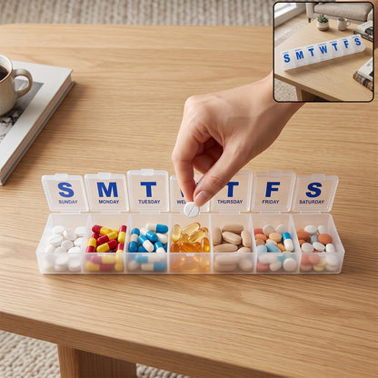 Wukusy 7-day plastic pill box organizer with daily compartments for medication storage and easy weekly management.
