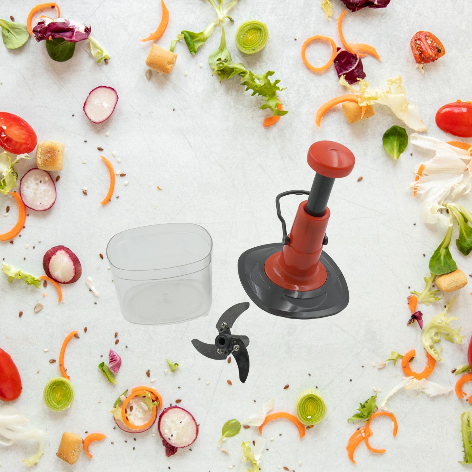Wukusy 5790 manual fruit and vegetable chopper with stainless steel blades, anti-slip base, and locking system for kitchen prep.