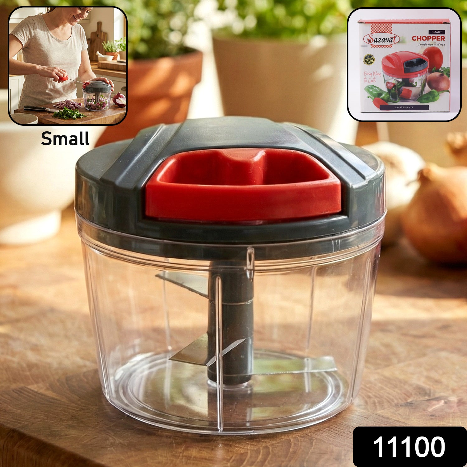 Wukusy compact manual vegetable chopper with stainless steel blades and plastic container for easy vegetable preparation.