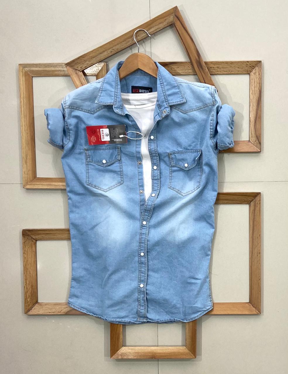 Seasons denim full sleeves men's shirt displayed on a hanger, featuring a classic blue denim design and button closure.