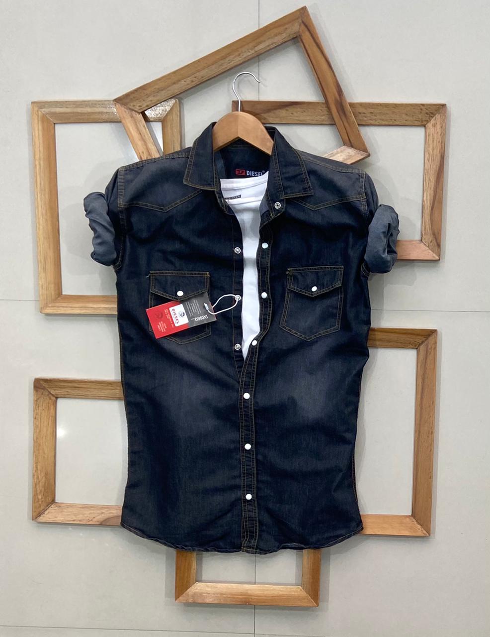 Seasons navy denim full sleeve men's shirt with button-up front and classic collar, casual and stylish for everyday wear.
