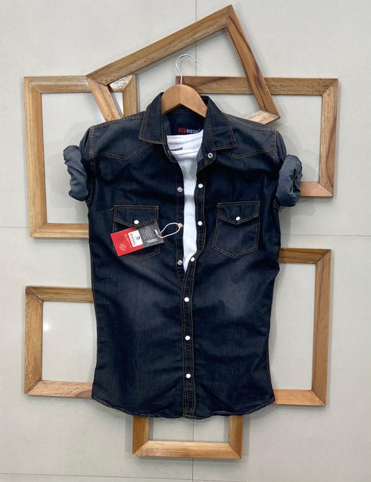 Seasons navy denim full sleeve men's shirt with button-up front and classic collar, casual and stylish for everyday wear.