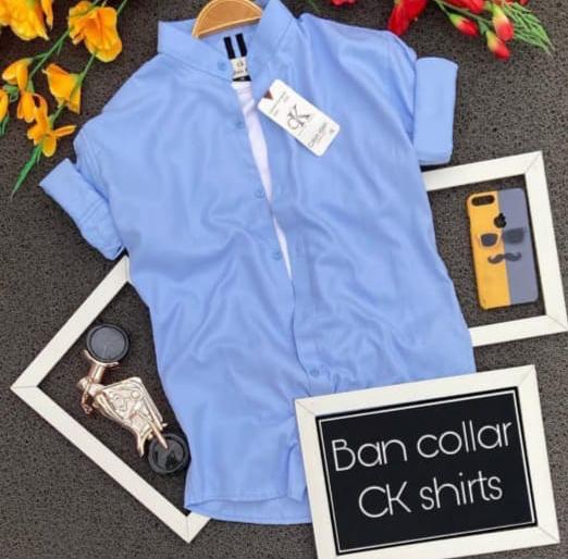 Blue men's collar shirt by Seasons, featuring a classic Ben collar design, displayed flat on a neutral background.