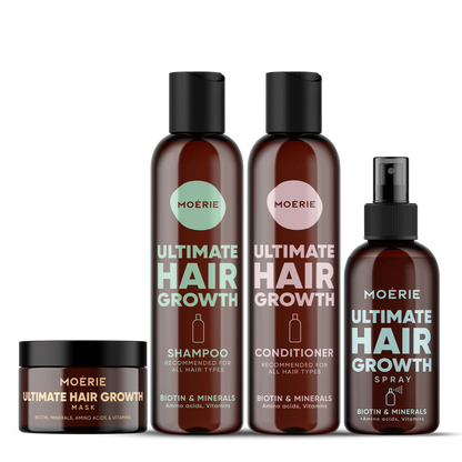 Moerie Mineral Shampoo, Conditioner, and Hair Growth Spray set by Drpshippr, featuring bottles of hair care products for healthy hair.