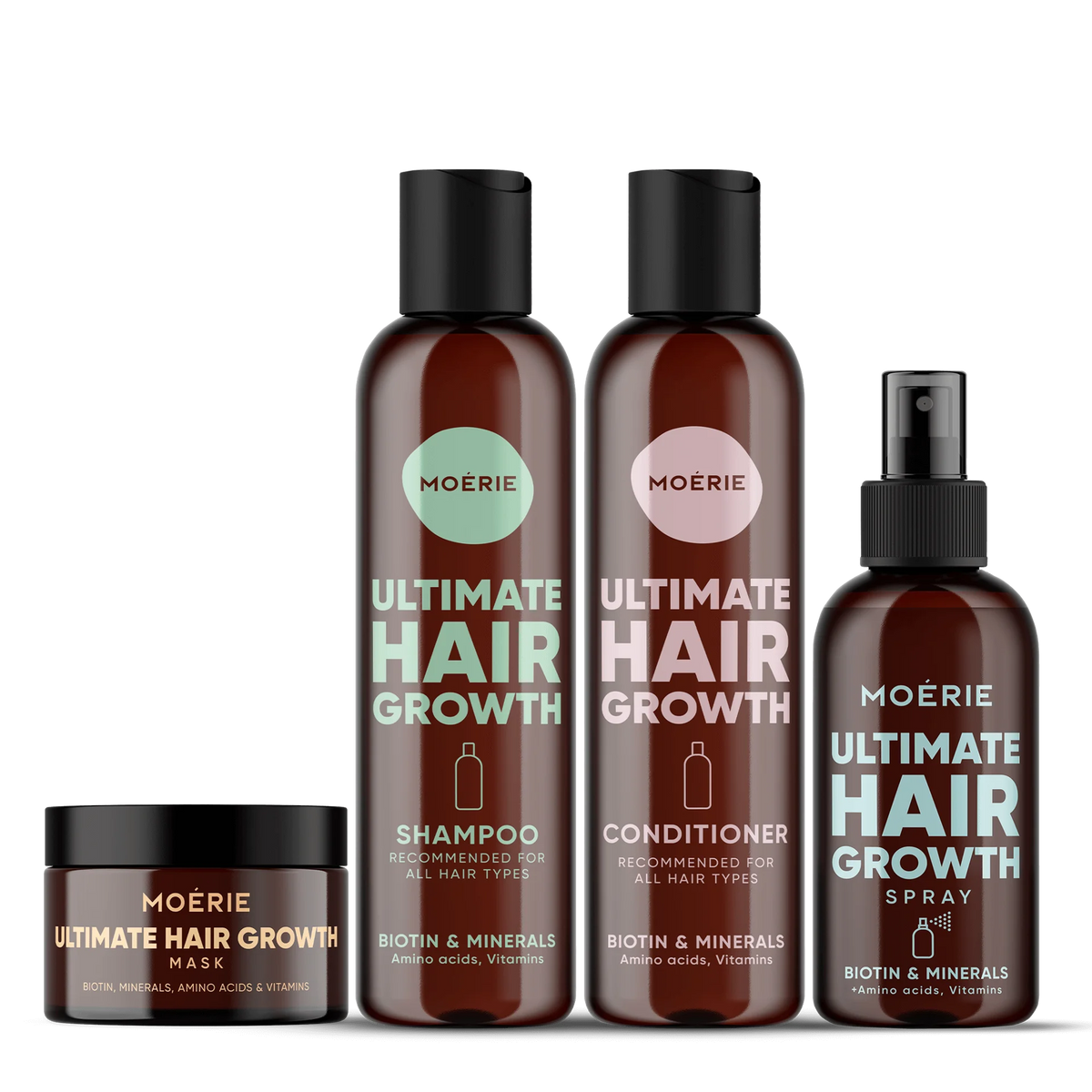Drpshippr Moerie Mineral Shampoo, Conditioner, and Hair Growth Spray set with bottles and packaging in a beauty care display.