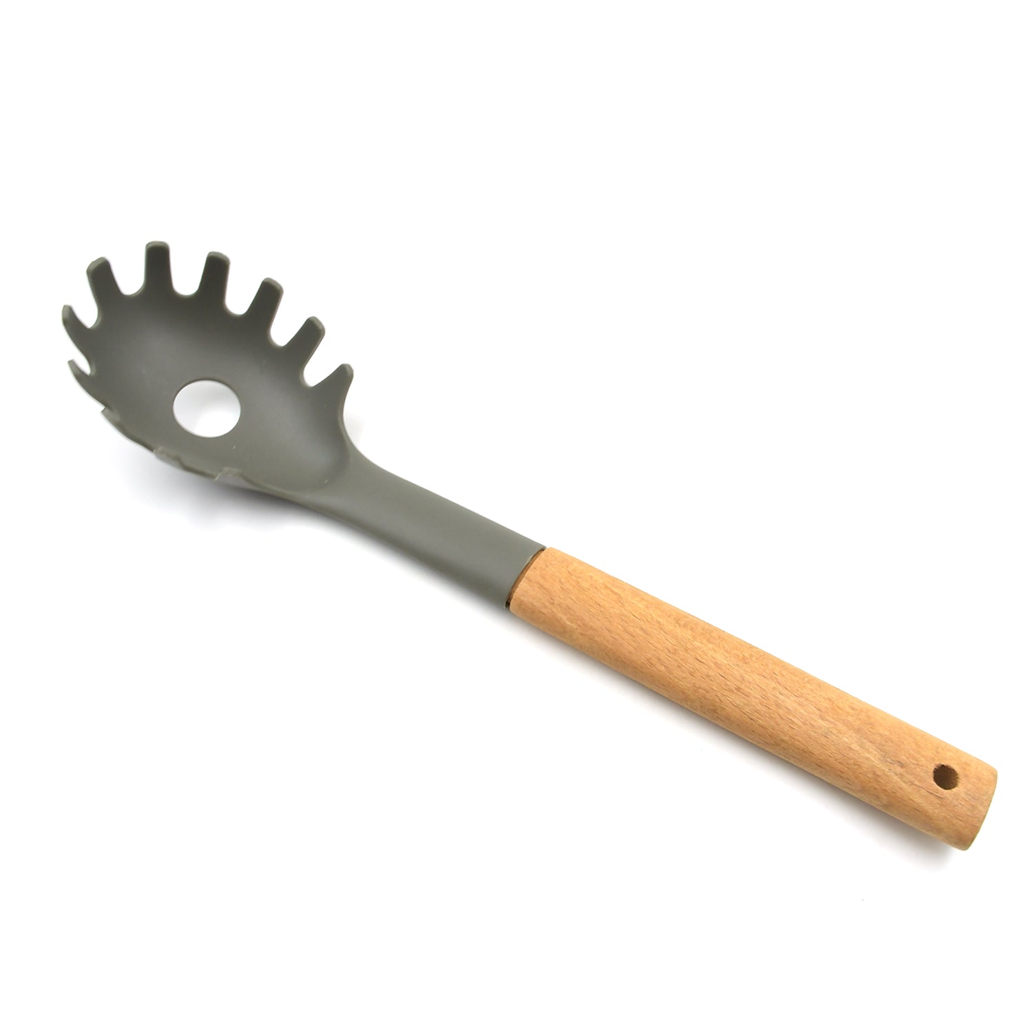 Wukusy plastic kitchen whisk, pasta spoon, and soup spoon set with heat-resistant, non-stick handles for cooking and serving.