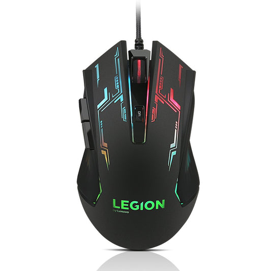 Seasons Lenovo Legion M200 wired optical gaming mouse in black with USB connection, ergonomic design for gamers.