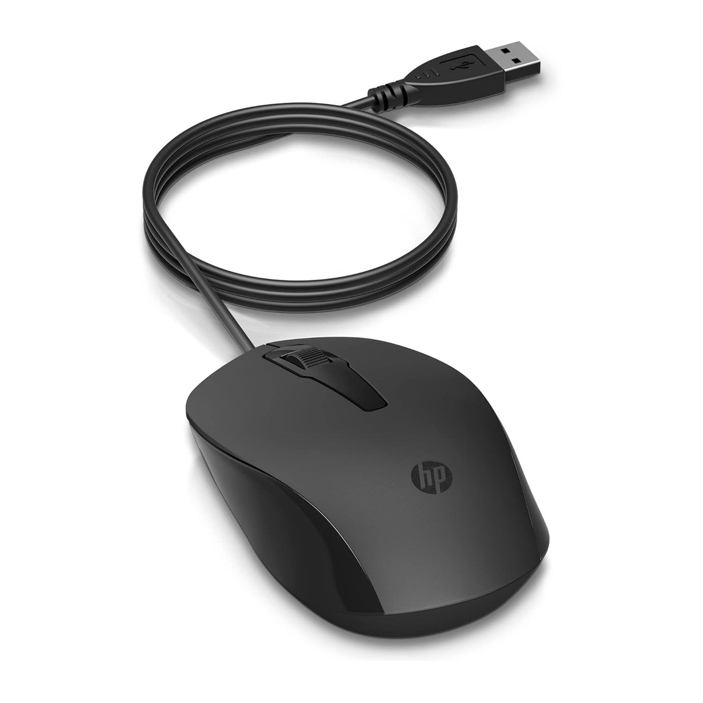 Black HP 150 wired optical mouse by Seasons with USB 2.0 connection, featuring a compact ergonomic design.