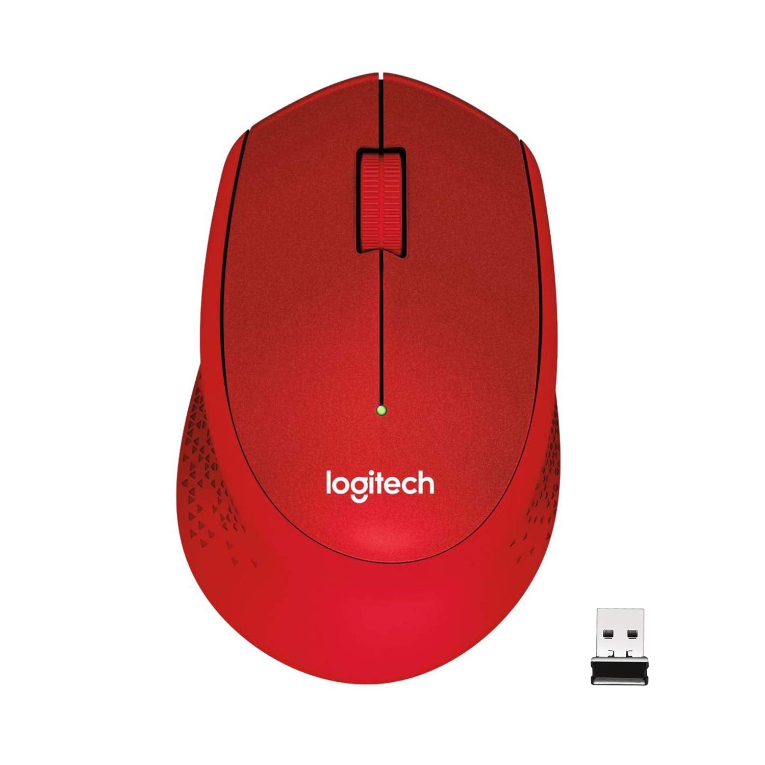 Seasons Logitech M331 Silent Plus wireless optical mouse with red finish, 1000 DPI tracking, 2.4GHz wireless connectivity.