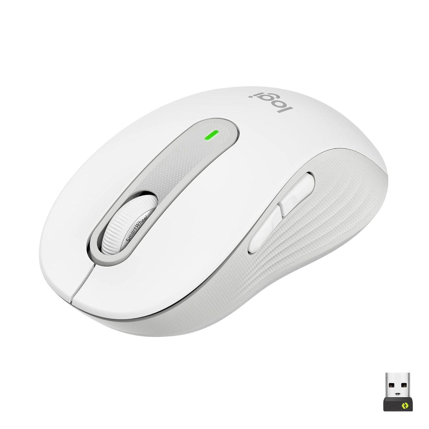 Seasons Logitech M650 Silent wireless optical mouse in off white, designed for small to medium hands, with 2.4GHz and Bluetooth connectivity.