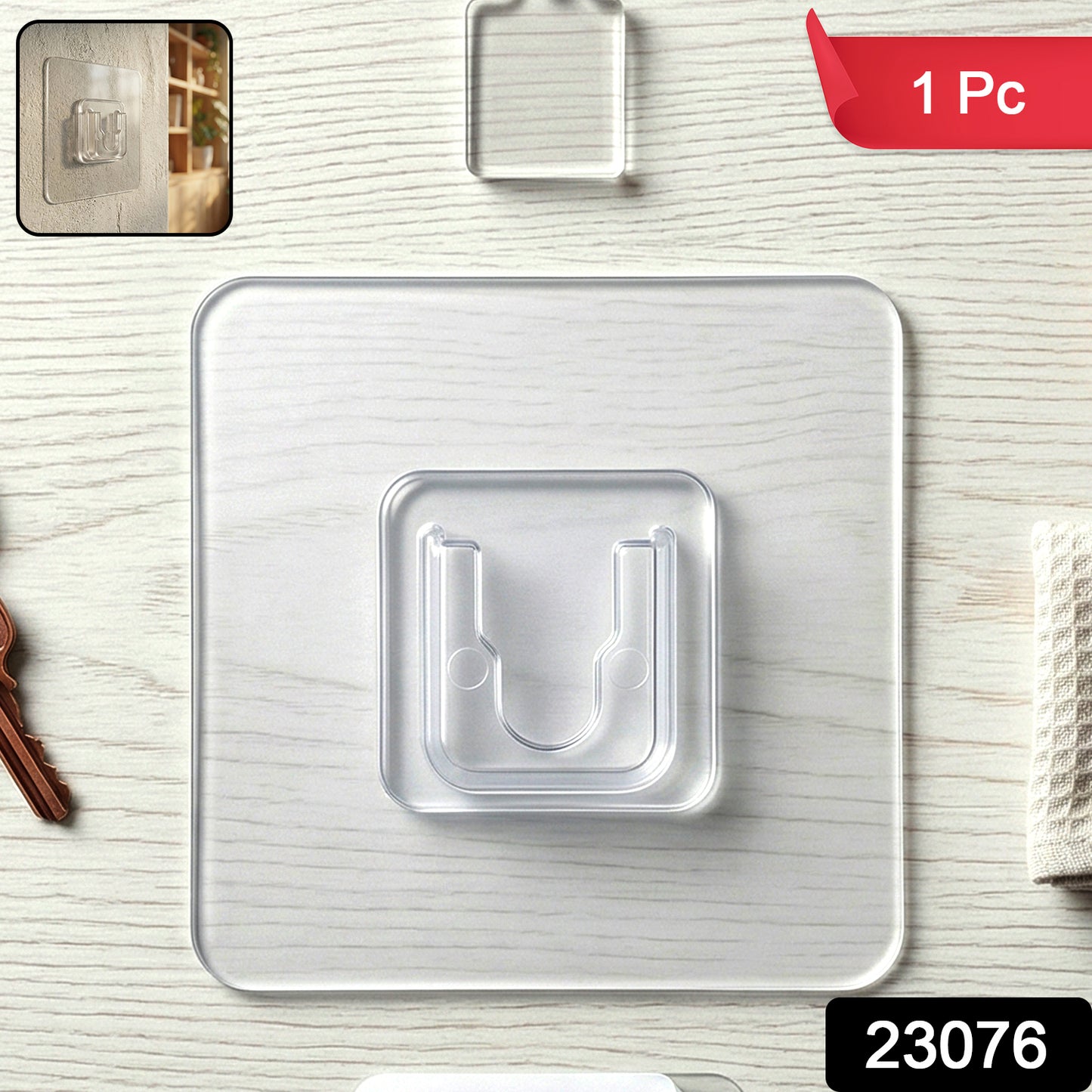 Transparent self-adhesive wall hook by Wukusy, showing a clear plastic hook attached to a wall surface.