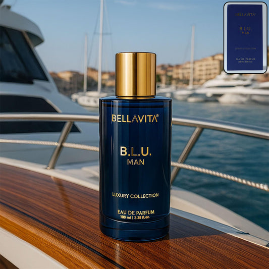 Bellavita Premium B.l.u. Man Eau De Perfume bottle by Wukusy, 100ml, with sleek design and elegant packaging.