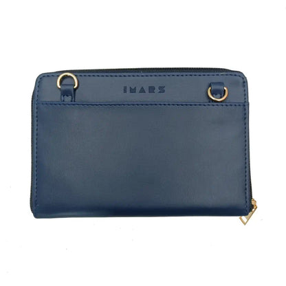 Ekom stylish blue crossbody wallet for women and girls made of vegan leather, featuring a compact design and adjustable strap.