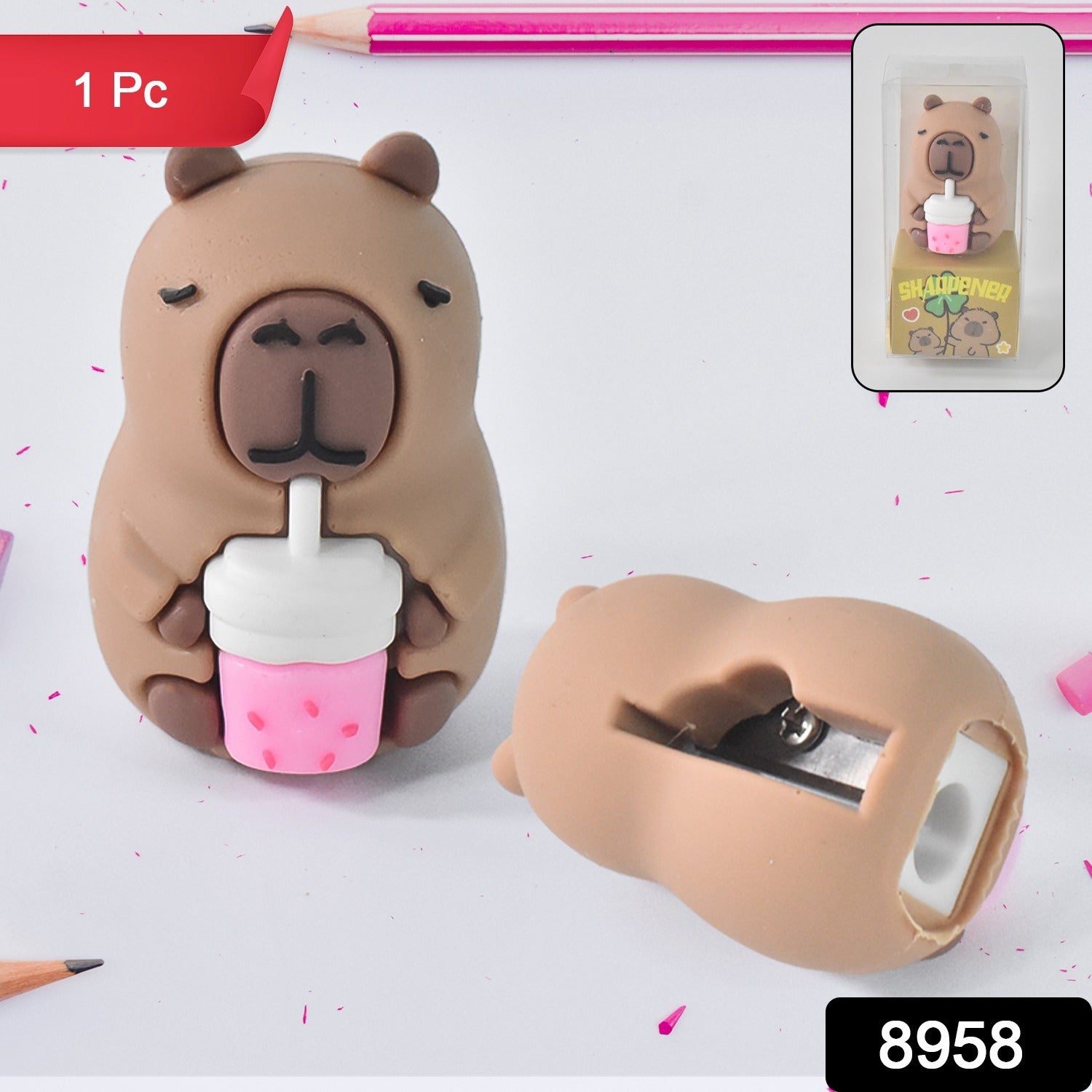 Wukusy cartoon shape pencil sharpener with built-in eraser, designed for office use, featuring a colorful, playful design.