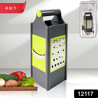 Wukusy 4-in-1 vegetable and fruit slicer and grater with stainless steel blades and plastic handle for versatile kitchen prep.