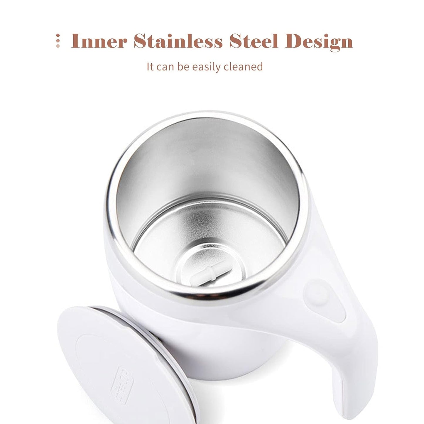 Wukusy 5545 Stirring Coffee Mug with magnetic mechanism, stainless steel travel cup for coffee, milk, or hot chocolate, battery operated.