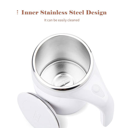 Wukusy 5545 Stirring Coffee Mug with magnetic mechanism, stainless steel travel cup for coffee, milk, or hot chocolate, battery operated.