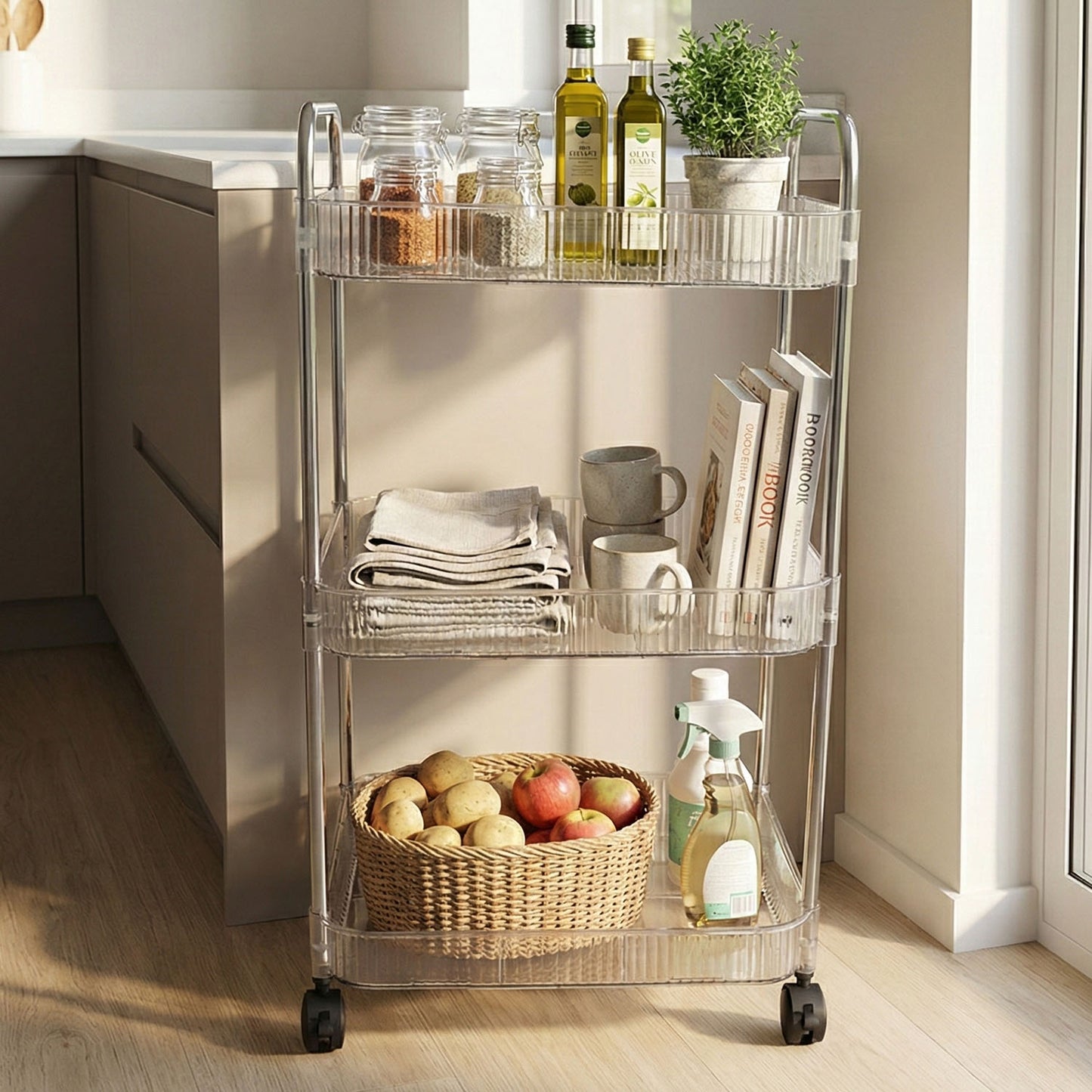 Wukusy 3-layer multipurpose storage trolley with wheels, featuring sturdy shelves and a mobile design for versatile organization.
