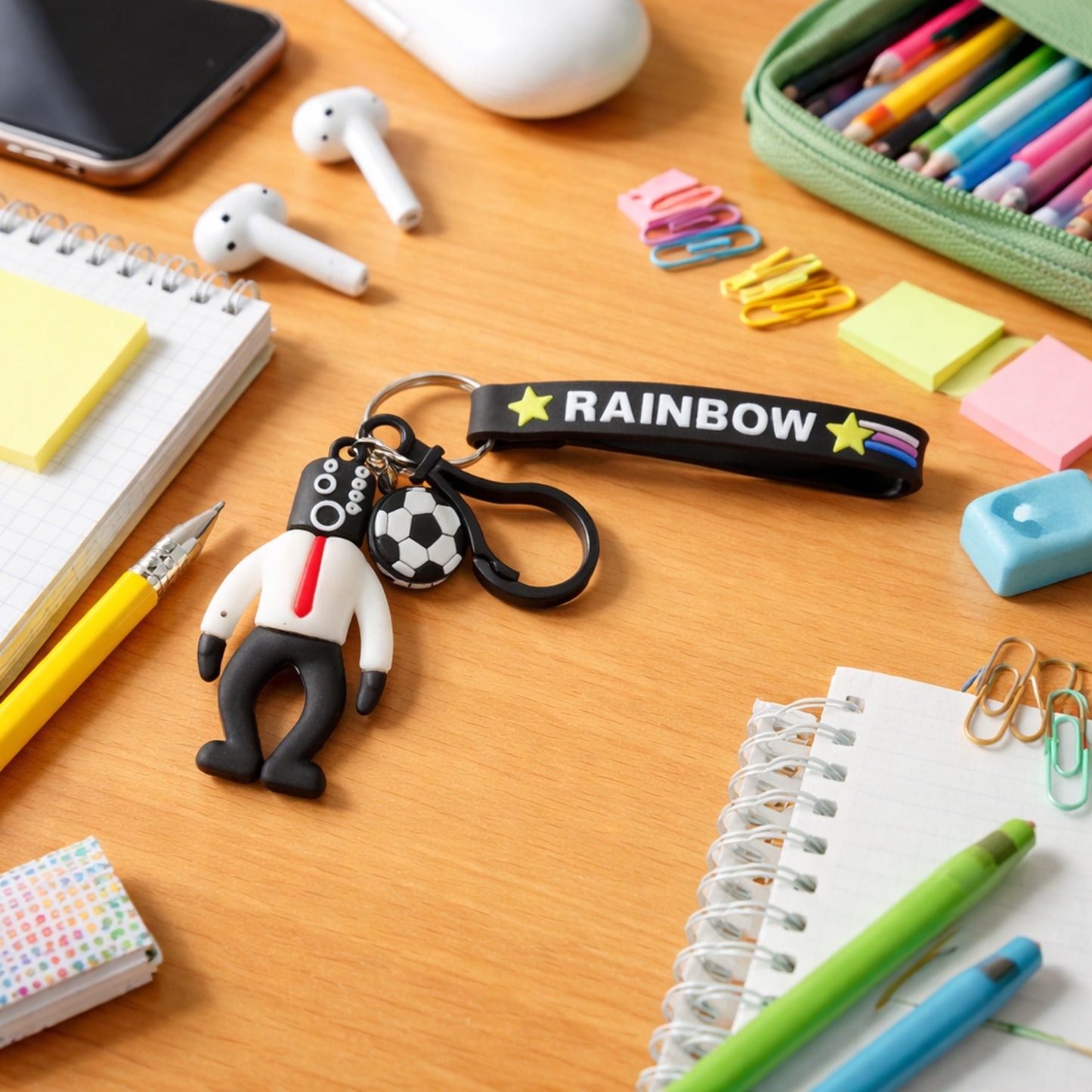 Colorful rainbow strap cartoon football boy keychain by Wukusy featuring a playful football character and vibrant design.