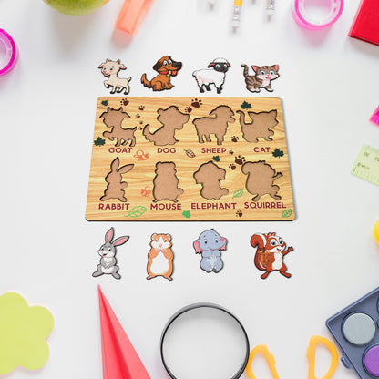 Wooden animal puzzle toy by Wukusy featuring colorful animal pieces on an educational learning board.