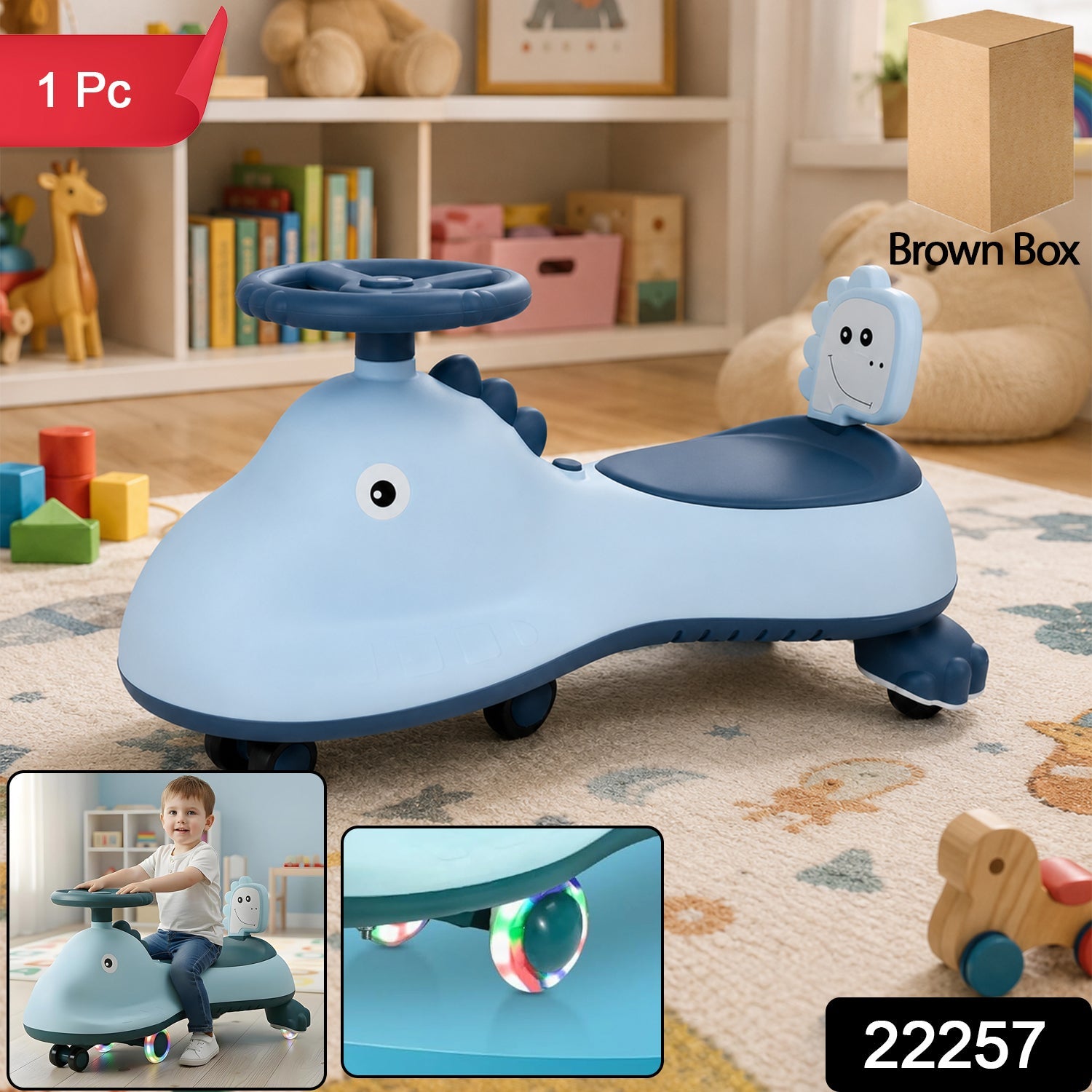 Blue shark design kids swing car ride-on toy with music by Wukusy, featuring a magic twist for active play.