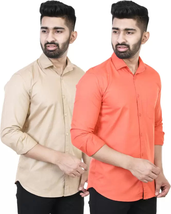 Two men's regular fit solid casual shirts by Seasons, shown in neutral colors on a hanger.