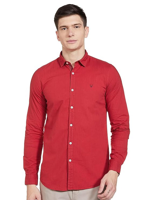 Red men's slim fit shirt by Seasons, featuring a classic collar and tailored design, displayed on a hanger.